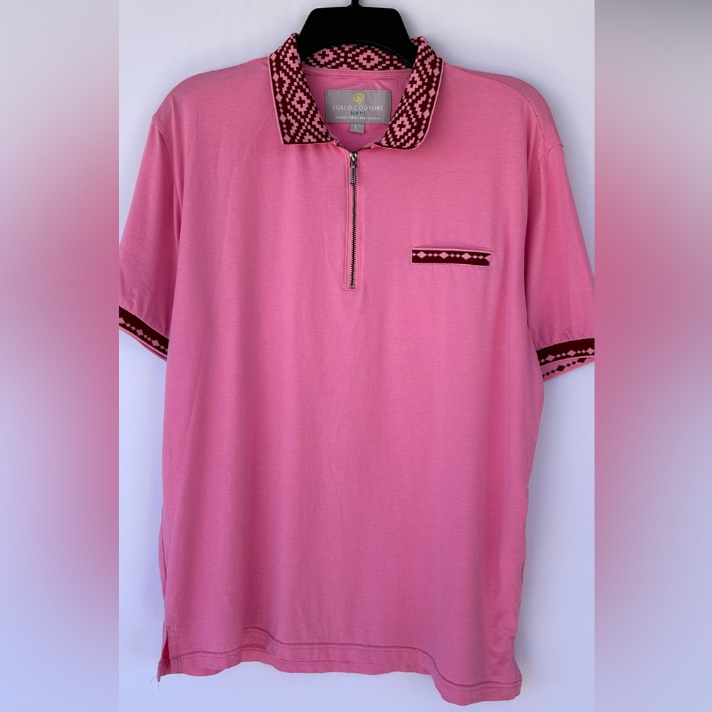 Suslo Couture Men’s 1/4‎ Zip Polo Shirt Patterned Collar & Cuffs Pink Size Large